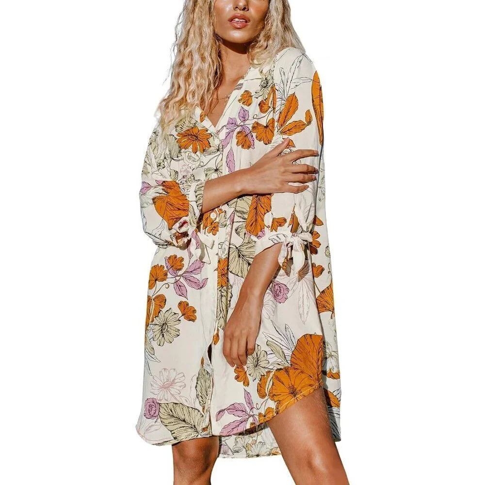CUPSHE Women's Long  Sleeve Floral Buttoned Shirt Dress
